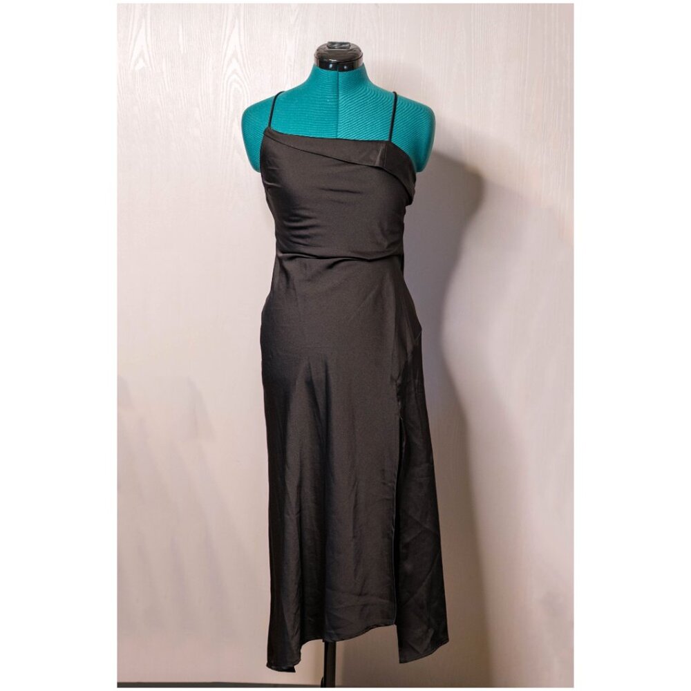 ASTR the Label Black Satin Cowl Split Leg Midi Slip Dress - Size XS